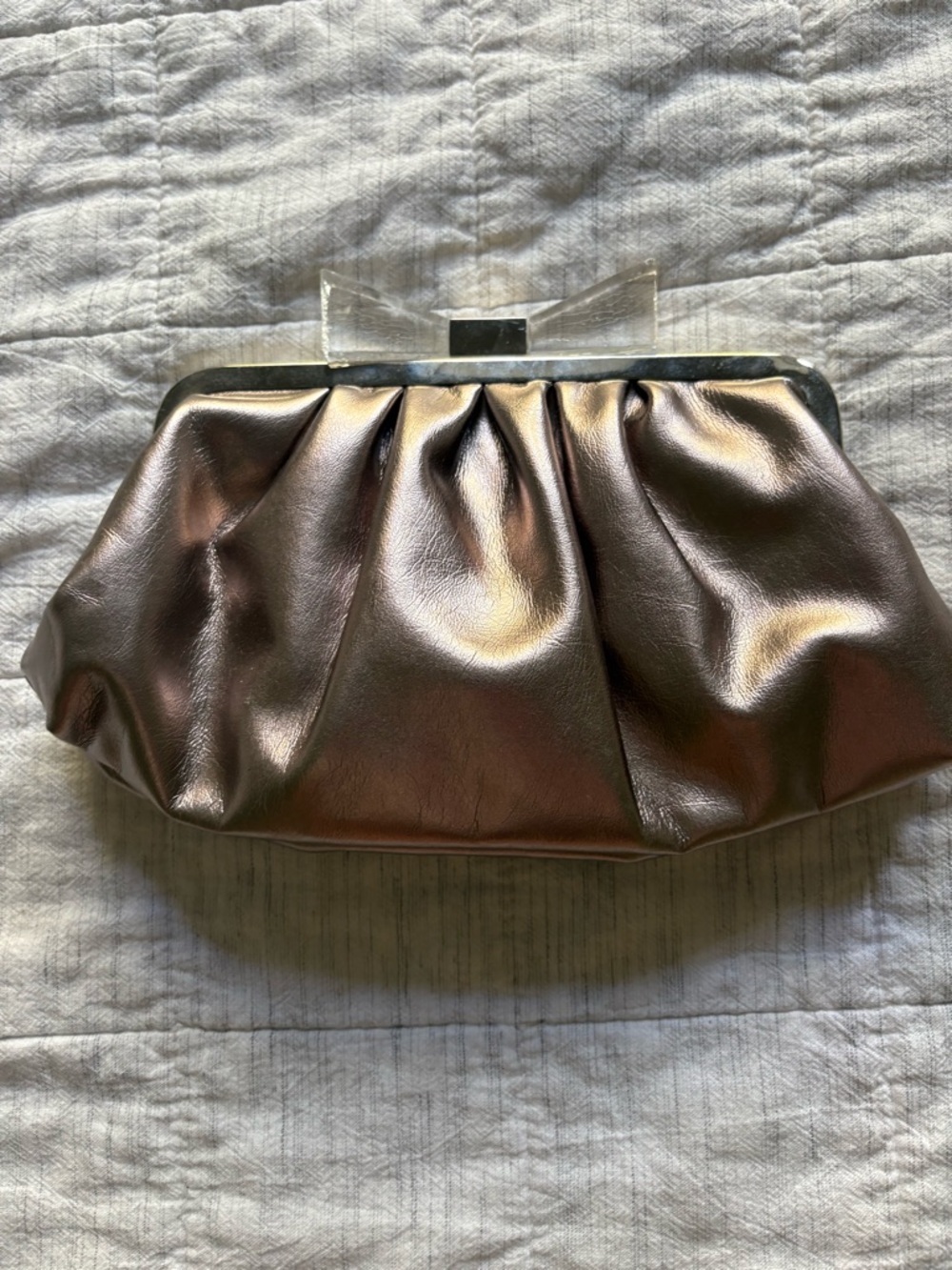 Metallic Bronze Evening Clutch with Clear Bow Clasp